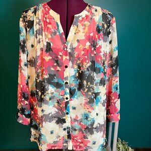 JM Collection Pink and Blue Buttoned Blouse with Mandarin Collar